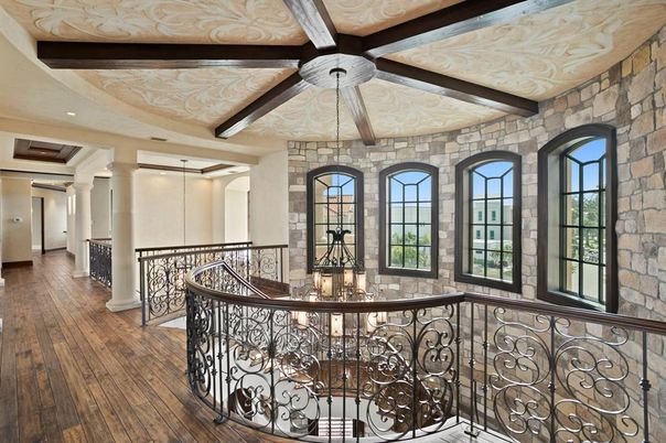 Interior, Recessed Lighting, Stone Walls, Wooden Beams, Wood Texture Flooring