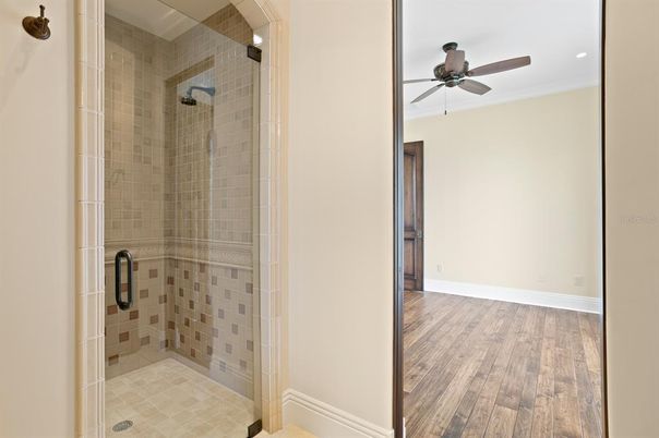 Bathroom, Glass Shower, Interior, Recessed Lighting, Wood Texture Flooring