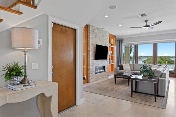 Fireplace, Interior, Living room, Recessed Lighting, Stone Walls