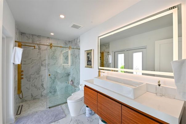 Bathroom, Glass Shower, Interior, Marble, Marble Walls, Recessed Lighting