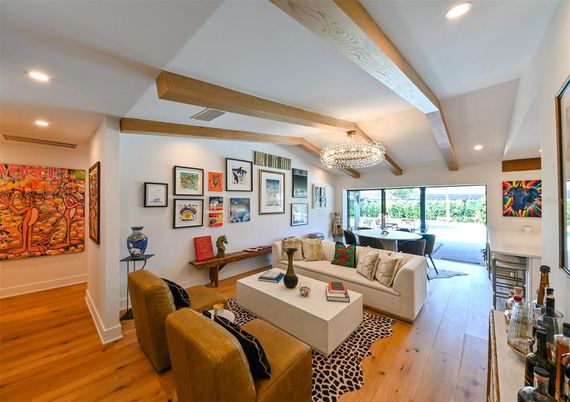 Chandelier, Interior, Living room, Recessed Lighting, Wooden Beams, Wood Texture Flooring