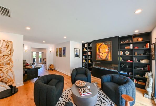 Fireplace, Interior, Living room, Recessed Lighting, Wood Texture Flooring