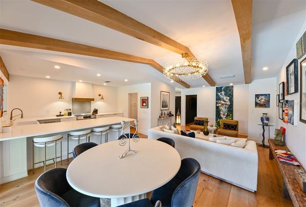 Chandelier, Dining room, Interior, Kitchen, Living room, Recessed Lighting, Wooden Beams, Wood Texture Flooring