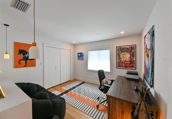 Home Office, Interior, Pendant Lights, Recessed Lighting, Wood Texture Flooring