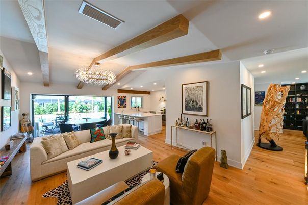 Chandelier, Dining room, Interior, Kitchen, Living room, Recessed Lighting, Wooden Beams, Wood Texture Flooring