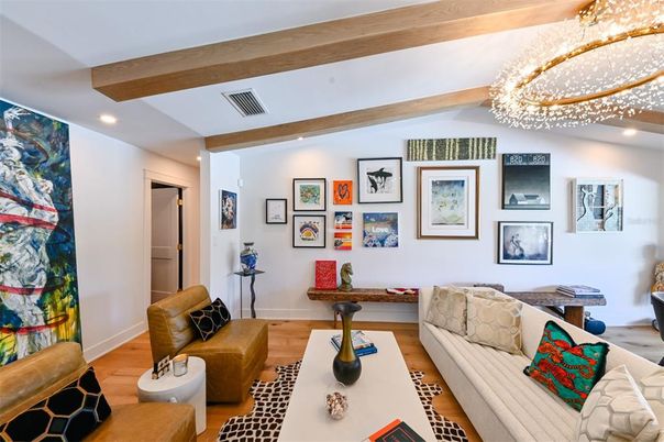 Chandelier, Interior, Living room, Recessed Lighting, Wooden Beams, Wood Texture Flooring