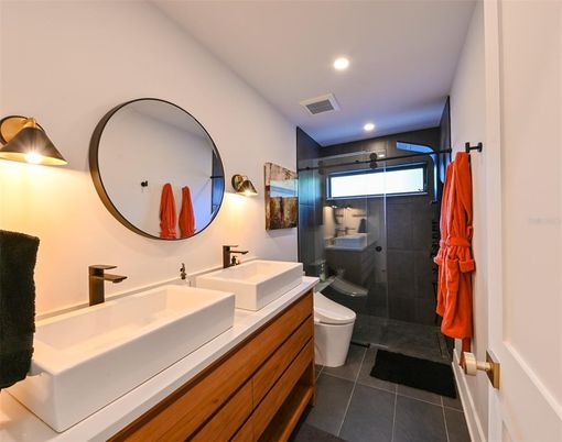 Bathroom, Dual Sink Vanities, Glass Shower, Interior, Recessed Lighting