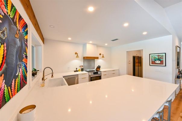 Interior, Kitchen, Recessed Lighting, Stainless Steel Appliances, Wooden Beams, Wood Texture Flooring