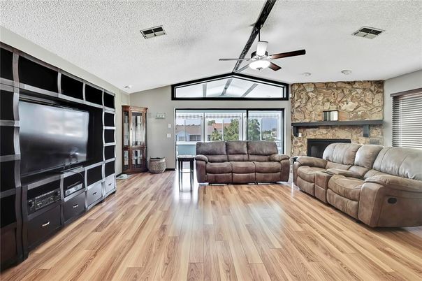 Fireplace, Interior, Living room, Stone Walls, Wood Texture Flooring