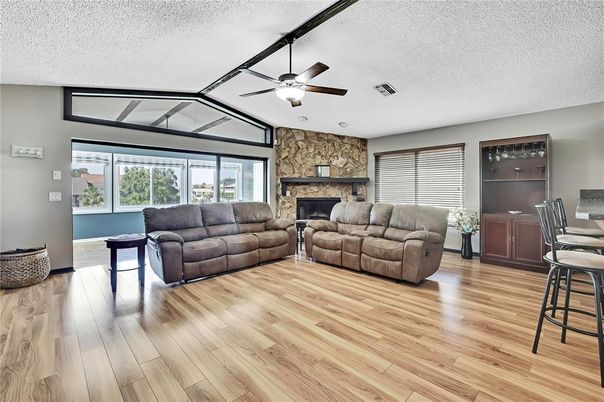 Fireplace, Interior, Living room, Stone Walls, Wood Texture Flooring