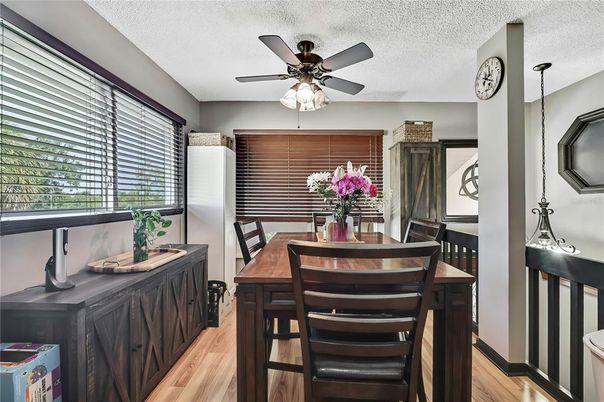 Dining room, Interior, Pendant Lights, Wood Texture Flooring