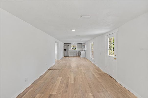 Empty room, Interior, Kitchen, Recessed Lighting, Wood Texture Flooring