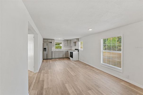 Empty room, Interior, Kitchen, Recessed Lighting, Wood Texture Flooring