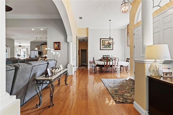 Dining room, Interior, Living room, Pendant Lights, Recessed Lighting, Wood Texture Flooring