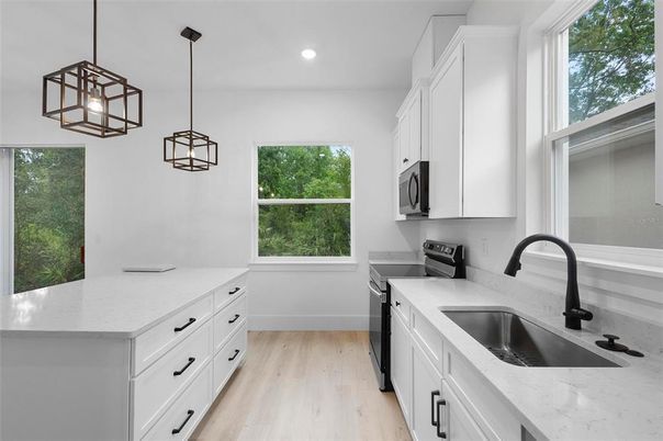 Interior, Kitchen, Pendant Lights, Recessed Lighting, Wood Texture Flooring
