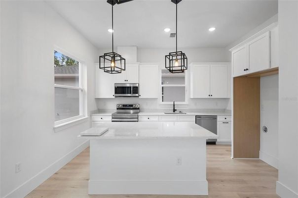 Interior, Kitchen, Pendant Lights, Recessed Lighting, Stainless Steel Appliances, Wood Texture Flooring