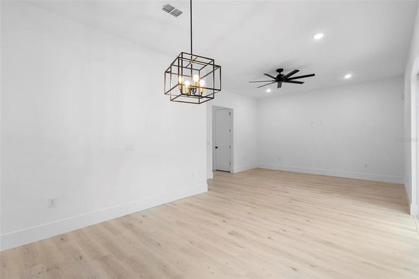 Empty room, Interior, Pendant Lights, Recessed Lighting, Wood Texture Flooring