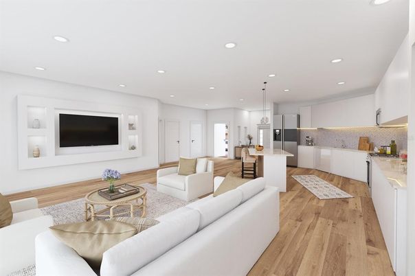 Dining room, Interior, Kitchen, Living room, Pendant Lights, Recessed Lighting, Stainless Steel Appliances, Wood Texture Flooring