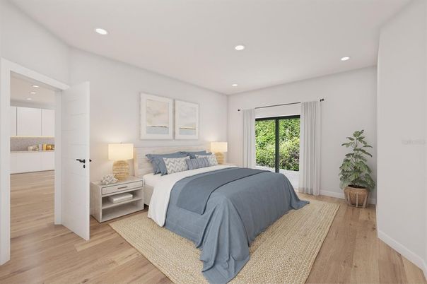 Bedroom, Interior, Recessed Lighting, Wood Texture Flooring