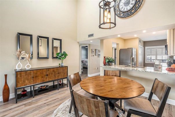 Dining room, Interior, Pendant Lights, Recessed Lighting, Wood Texture Flooring