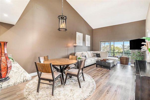 Dining room, Interior, Living room, Pendant Lights, Recessed Lighting, Wood Texture Flooring