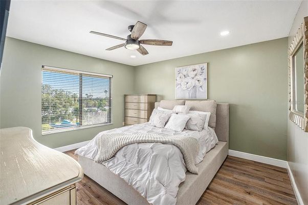 Bedroom, Interior, Recessed Lighting, Wood Texture Flooring
