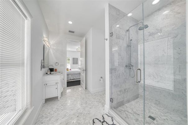Bathroom, Bedroom, Glass Shower, Interior, Marble Walls, Recessed Lighting