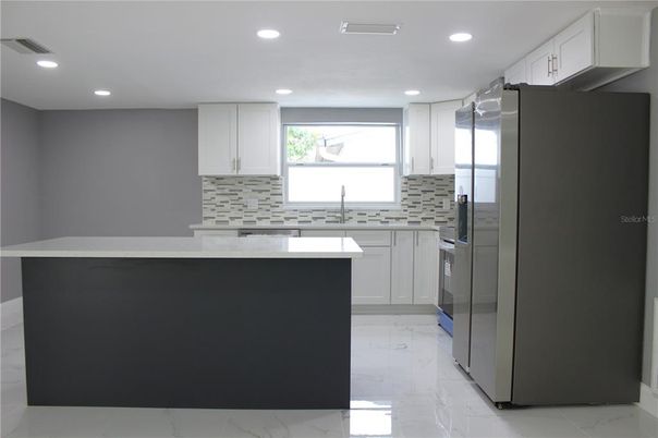 Interior, Kitchen, Marble, Recessed Lighting, Stainless Steel Appliances