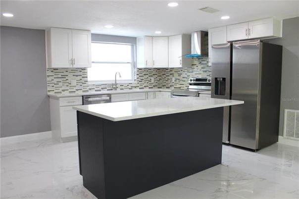 Interior, Kitchen, Marble, Recessed Lighting, Stainless Steel Appliances