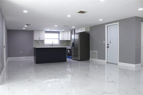 Interior, Kitchen, Marble, Recessed Lighting, Stainless Steel Appliances
