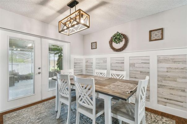 Dining room, Interior, Pendant Lights, Wood Texture Flooring