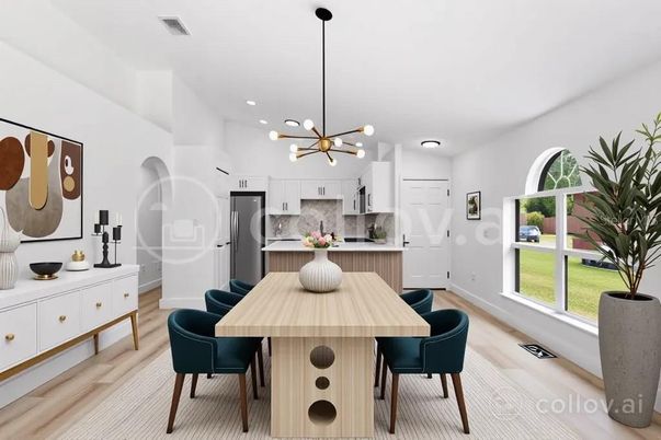 Dining room, Interior, Kitchen, Pendant Lights, Recessed Lighting, Stainless Steel Appliances, Wood Texture Flooring