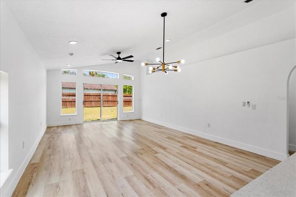 Empty room, Interior, Pendant Lights, Recessed Lighting, Wood Texture Flooring