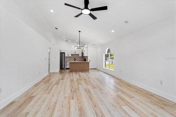 Empty room, Interior, Kitchen, Pendant Lights, Recessed Lighting, Wood Texture Flooring