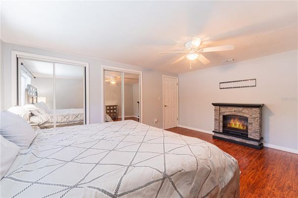 Bedroom, Fireplace, Interior, Wood Texture Flooring