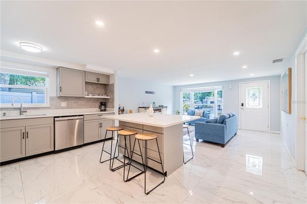 Interior, Kitchen, Living room, Marble, Recessed Lighting, Stainless Steel Appliances