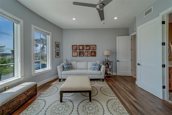 Interior, Living room, Recessed Lighting, Wood Texture Flooring