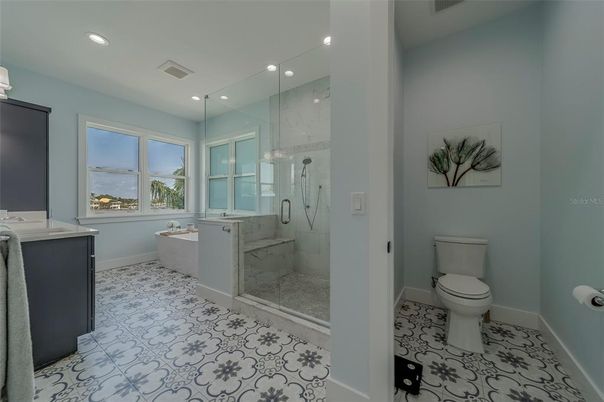 Bathroom, Glass Shower, Interior, Marble Walls, Recessed Lighting
