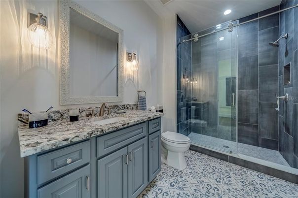 Bathroom, Dual Sink Vanities, Glass Shower, Interior, Recessed Lighting