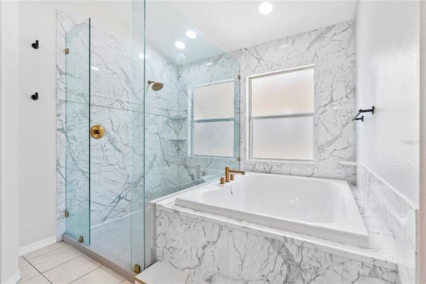 Bathroom, Glass Shower, Interior, Marble, Marble Walls, Recessed Lighting