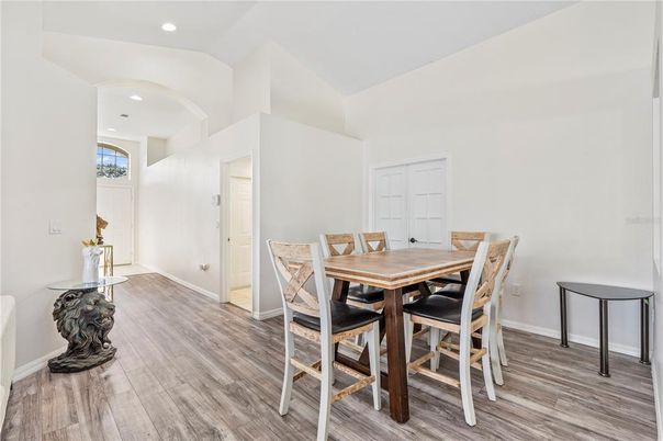 Dining room, Interior, Recessed Lighting, Wood Texture Flooring