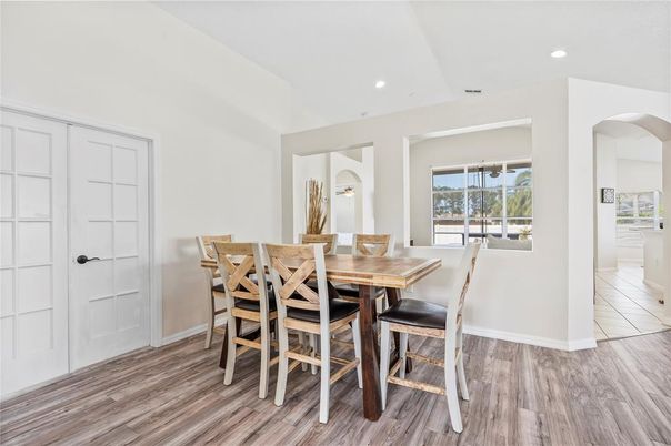 Dining room, Interior, Recessed Lighting, Wood Texture Flooring