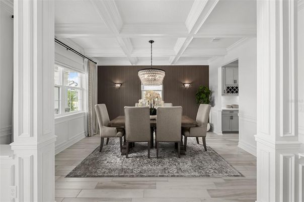 Chandelier, Dining room, Interior, Wood Texture Flooring