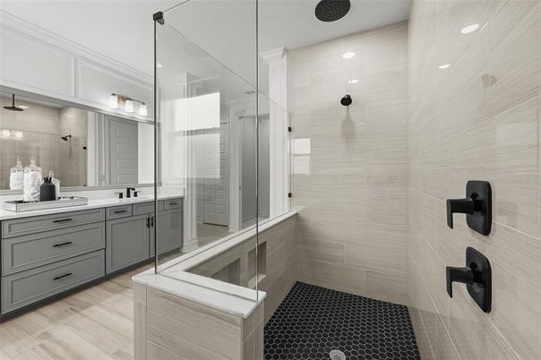Bathroom, Dual Sink Vanities, Glass Shower, Interior, Recessed Lighting, Wood Texture Flooring