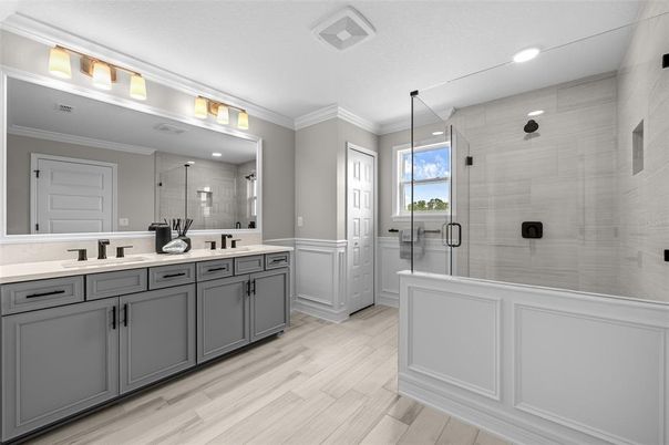 Bathroom, Dual Sink Vanities, Glass Shower, Interior, Recessed Lighting, Wood Texture Flooring