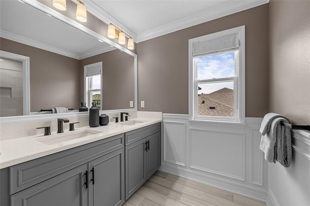 Bathroom, Dual Sink Vanities, Interior, Wood Texture Flooring