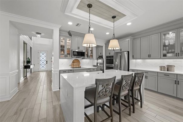 Interior, Kitchen, Pendant Lights, Recessed Lighting, Stainless Steel Appliances, Wood Texture Flooring