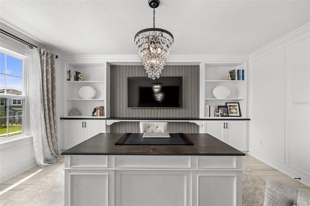 Chandelier, Home Office, Interior, Wood Texture Flooring