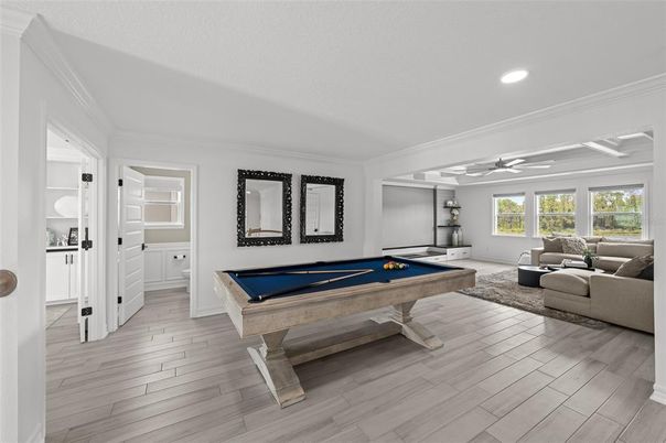 Billiard Table, Game Room, Interior, Living room, Recessed Lighting, Wood Texture Flooring