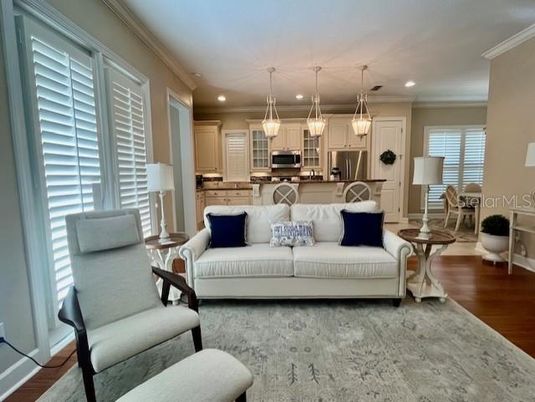Interior, Kitchen, Living room, Pendant Lights, Recessed Lighting, Stainless Steel Appliances, Wood Texture Flooring